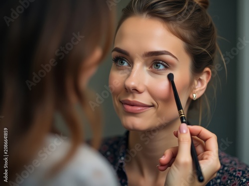 Focused Makeup Artist at Work. Beauty Professional Applying Makeup. Studio Portrait Scene.