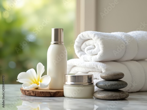 Spa Skincare Products Arrangement. Luxury Wellness Scene. Natural Beauty Composition.