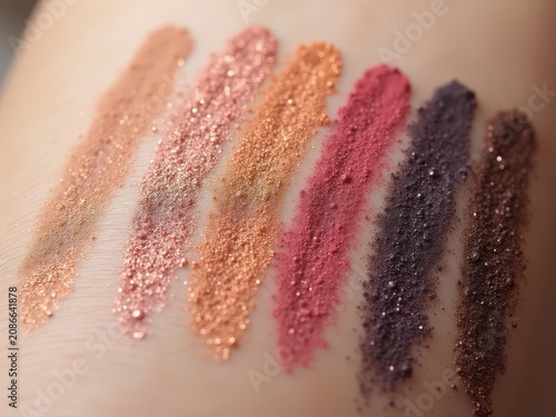 Eyeshadow Color Swatches on Skin. Beauty Palette Texture. Cosmetic Variety Detail.