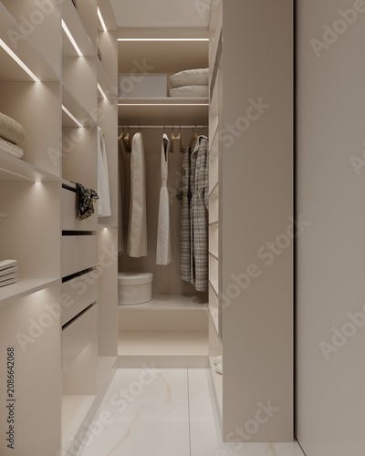 Konstfotografi Minimalist walk-in wardrobe interior with luxury built-in shelves 3d illustratio
