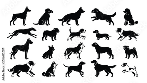 Vászonkép Dog breed collection features an assortment of distinct canine silhouettes arranged in a structured grid pattern