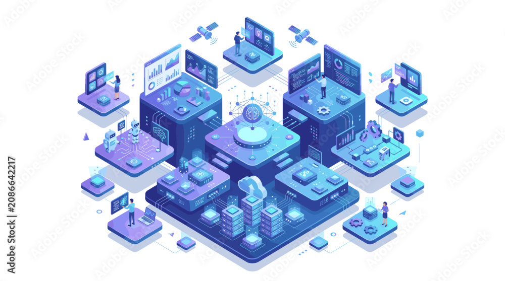 Fototapeta premium Isometric Artificial Intelligence and Data Center Technology Concept