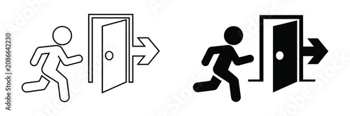 Fotografía Emergency exit icons featuring direction arrows, evacuation routes, safety signage, and clean minimalist vector graphics for buildings and public facilities