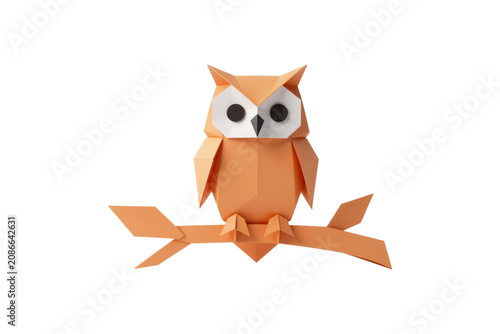 Orange Origami Owl Perched on Paper Branch with Geometric Leaves