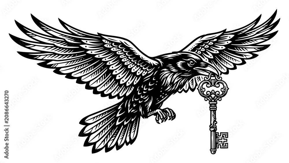 Fototapeta premium Raven flying with ornate antique key in beak vintage engraving style