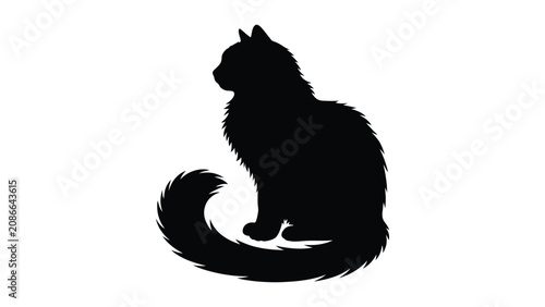 Photos Cat silhouette shows a fluffy feline sitting calmly with a curled tail against a white background