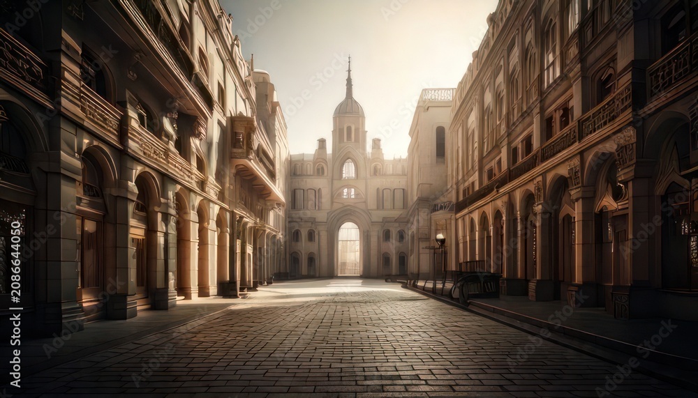 Fototapeta premium Architectural Grandeur - A Sunlit Street Leading to a Majestic Building.