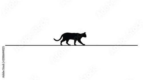 Obraz na plátně Cat silhouette walks along a thin horizontal line against a stark white background