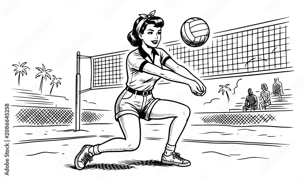 Obraz premium Woman playing beach volleyball hitting ball over net in retro comic sketch style