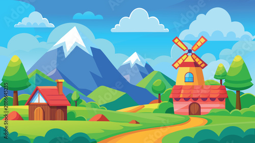 Tableau sur toile Countryside landscape with windmill and mountains during a bright sunny day vect