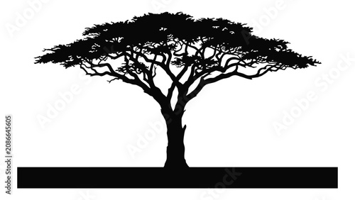 Картината върху платно Acacia tree silhouette depicts a classic savanna landscape element on a white background