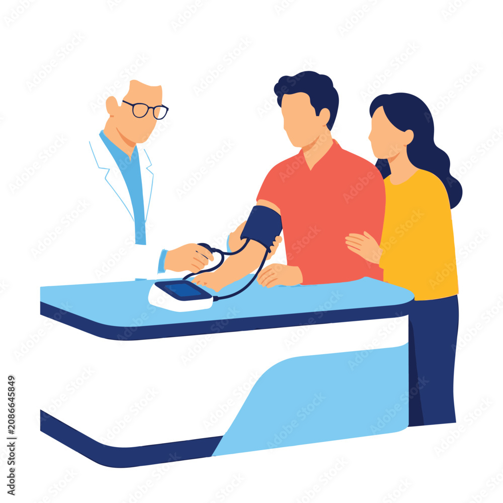 Obraz premium Doctor checking blood pressure of a patient with his wife in a medical clinic vector illustration.