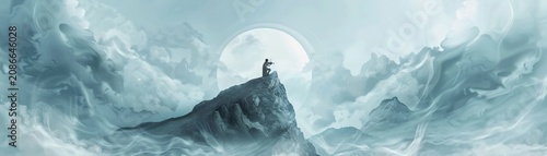 A serene watercolor illustration of a lone violinist playing on a mountain peak, surrounded by swirling clouds Landscape, 3D, Soft, Peaceful   ,X-ray
