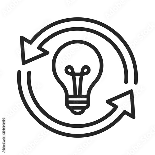 Outline Circular Arrow Refresh Symbol Surrounding a Simple Incandescent Lightbulb Icon