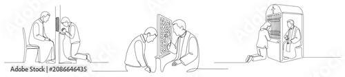 Foto Catholic confession scenes with priest and penitents in continuous line art styl