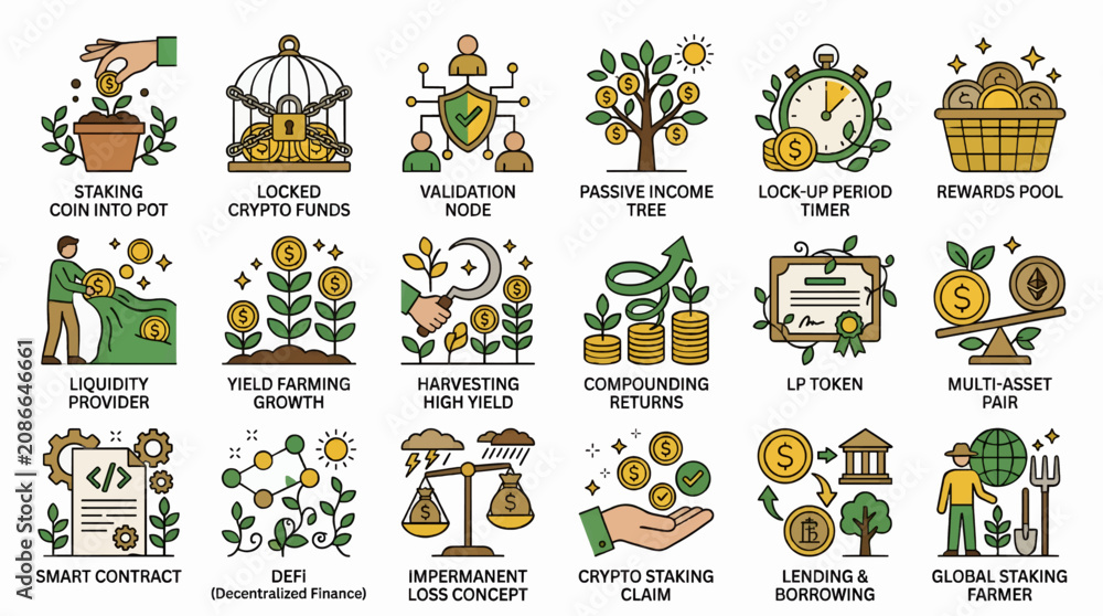 Obraz premium Flat Vector Icon Set Illustrating Cryptocurrency Concepts: Staking, DeFi, Yield Farming, and More, with Clean Lines and Vibrant Colors