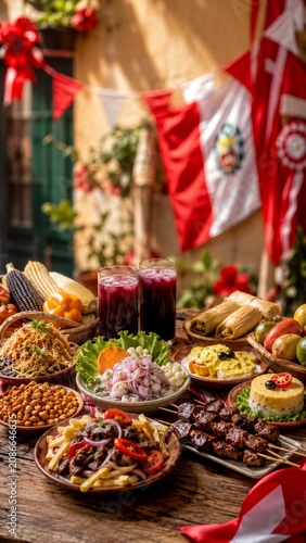 Traditional Peruvian food feast on a wooden table with ceviche, anticuchos, and causa, decorated for Fiestas Patrias national holidays celebration in an outdoor courtyard at sunset with red bunting.
