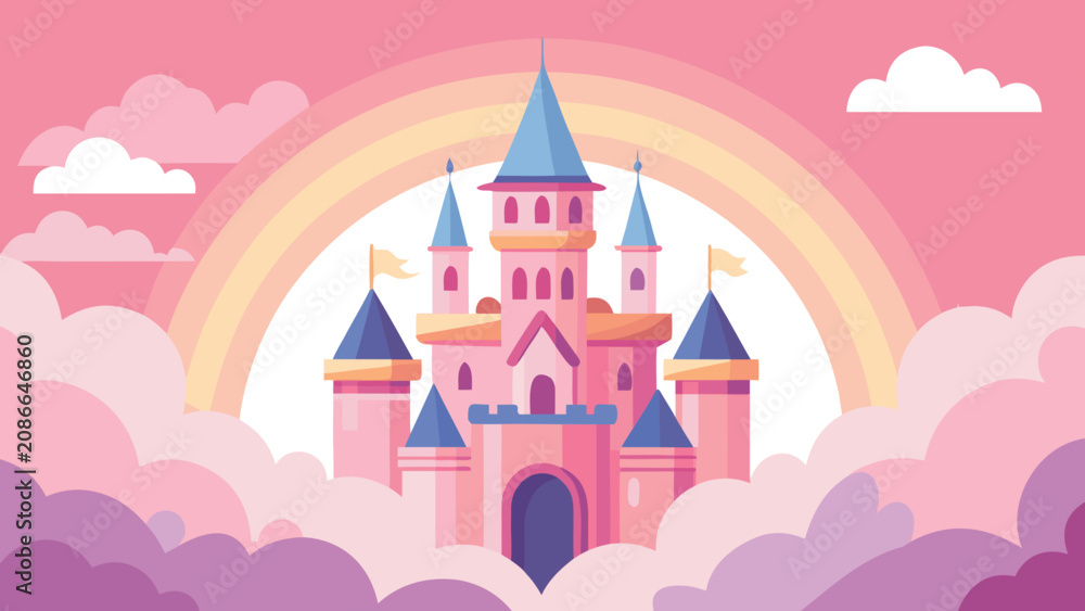 Obraz premium Fantasy pink castle with blue spires nestled in soft clouds against a pastel rainbow sky vector illustration