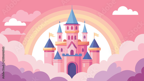 Fantasy pink castle with blue spires nestled in soft clouds against a pastel rainbow sky vector illustration