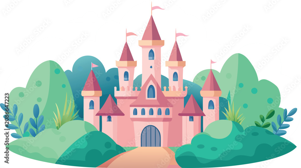 Fototapeta premium Pink fairytale castle with lush green foliage during daylight vector illustration