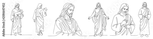Photos Jesus Christ in various poses and situations in minimalist continuous line art s