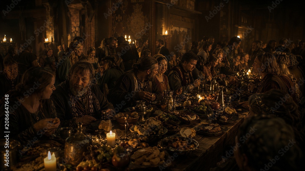Obraz premium Medieval people at grand banquet in dark hall. Man and woman eating traditional dinner at wooden table with candle light. Historical celebration of feast in royal castle. Luxury event.