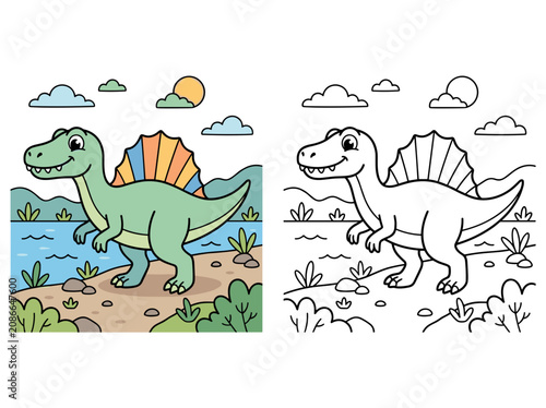 Fotografija A cute green spinosaurus vector illustration featuring a colorful dorsal fin and