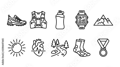 Quadro su tela Hiking outdoor adventure travel icons set.