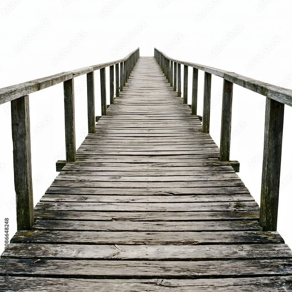 Fototapeta premium Long rustic wooden pier stretching forward with weathered planks isolated against a bright white background area