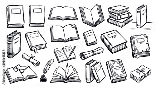 Various hand-drawn sketch style books and scrolls are arranged in a seamless pattern on a clean white background, depicting education and knowledge