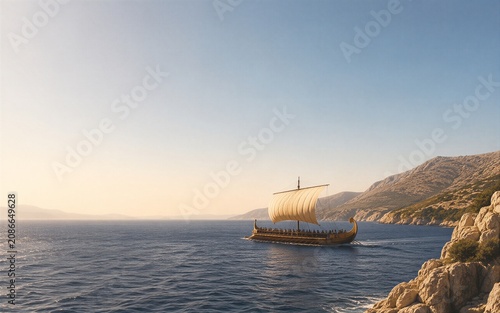 Ancient Greek trireme sailing on the sea. Historical vessel with oars and sail near a rocky coast. Maritime journey in antiquity. Epic adventure throughout Mediterranean travel.