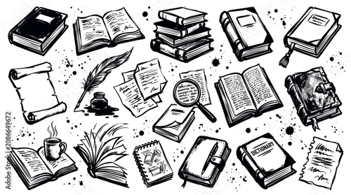 Various hand-drawn black and white book and writing elements are scattered across a white background with ink splatters
