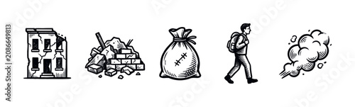 Collection of five black and white hand-drawn icons depicting destruction, displacement, and movement on a clean white background