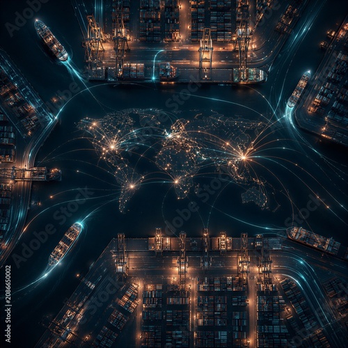 Cargo ships arriving at night in industrial port with glowing digital world map overlay. Global logistics, international supply chain and freight trade network connection concept.