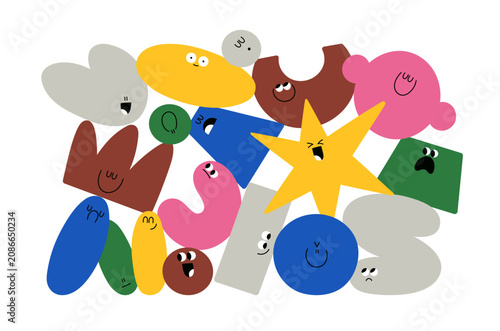 Abstract geometric shapes with diverse face expressions, emotions, moods. Fun...