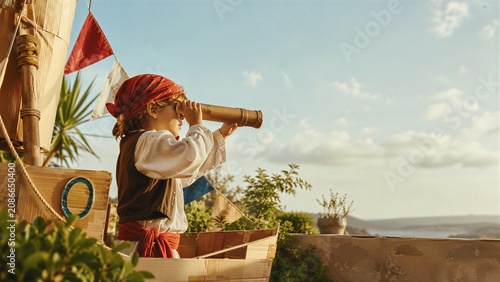 Little child pirate looking through spyglass on cardboard ship. Kid playing adventurer on homemade boat in sunny backyard. Imaginative game and childhood fun for birthday party celebration.