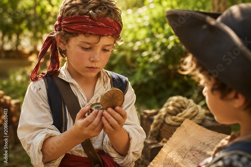 Boy pirate looking at a nautical compass with a friend holding a treasure map. Children playing pirate game at a garden party. Creative adventure role play for kids birthday holiday.