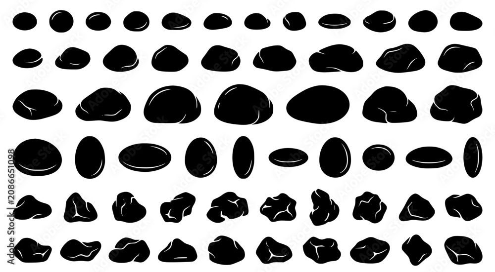 Fototapeta premium Large set of various black stone silhouettes and pebble shapes isolated on white background for natural landscaping and environmental design