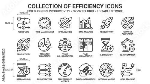 Collection of efficiency icons for business productivity and workflow optimization in a 32x32 px grid editable vector graphic design.
