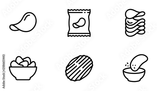 Crisps Icons Set, Potato Chips Vector Graphics, Snack Food Symbols, Salty Treat Illustrations