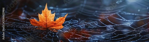 A single fallen leaf caught in a spiderweb, symbolizing the interconnectedness of natures elements car smile
