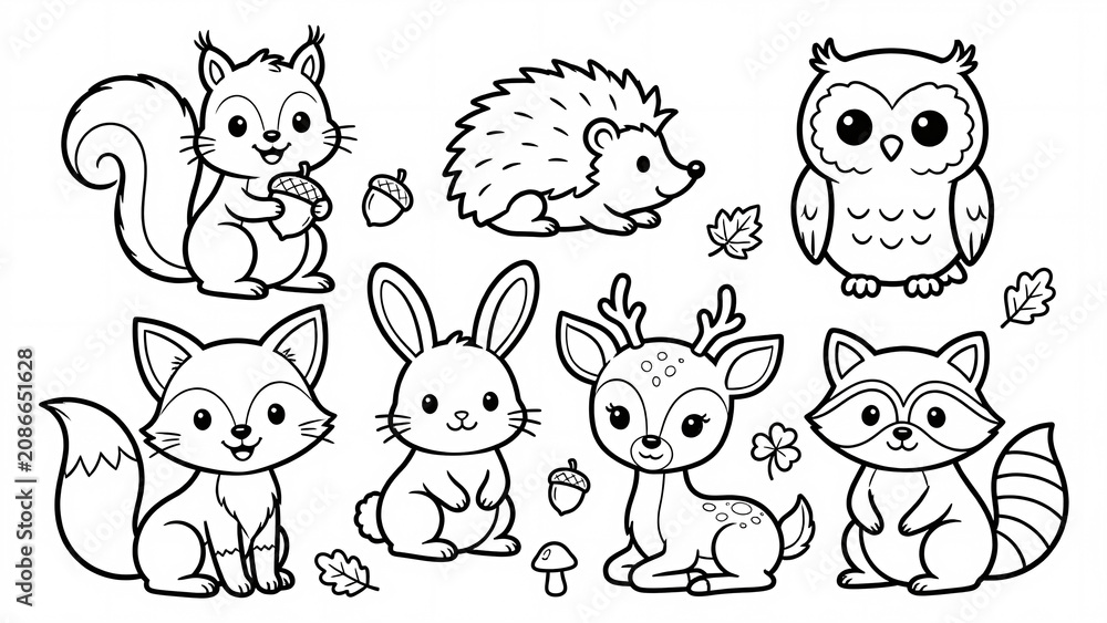 Fototapeta premium Cute Woodland Animals Coloring Page Set featuring Fox, Rabbit, Deer, Owl, Raccoon, Hedgehog and Squirrel Illustrations