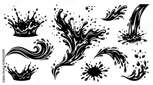 Canvastavla Dynamic liquid water splash silhouettes vector set featuring dramatic fluid crow