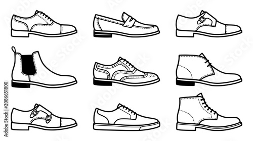 Obraz na plátně Men classic leather footwear vector line icon set with oxfords loafers boots bro
