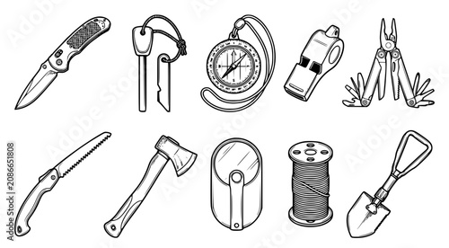 Collection of survival and camping equipment line art icons including folding knife compass whistle and multitool for outdoor adventure and wilderness exploration gear set isolated on white