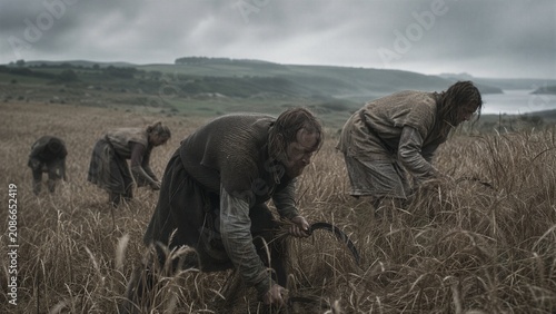 Medieval peasants harvesting wheat with hand sickles in a field. Group of men and woman working on farm. Historical reenactment of archaic agriculture, rural life and subsistence farming.