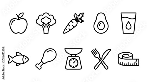 Healthy eating and diet icons set.