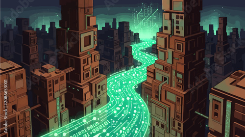 Foto Digital Cityscape with Towering Burnt Umber Oxidized Copper Cubes and Vibrant El