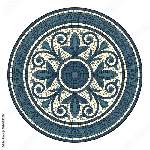Circular Roman mosaic pattern with Greek ornamental borders and ancient decorative motifs. Classic tile design featuring intricate mandala elements and marble textures.