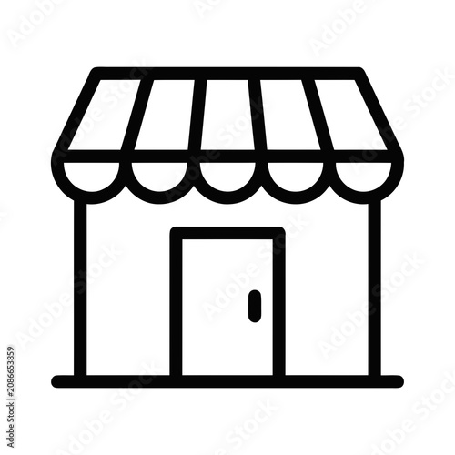 Simple Outline Storefront Building Icon with Awning and Door Detail